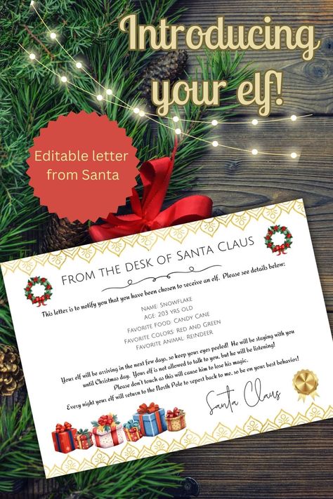 Looking to introduce your elf this Christmas? Why not have them introduced by Santa himself with this Santa letter printable. This is a fillable letter from Santa. You can edit to personalize for your child with all the best details about their new elf. Great Christmas ideas for kids traditions. This Santa letter template is available for instant download and is fully customizable! Christmas Ideas For Kids, Elf Arrival Letter, Letters From Santa, Elf Letter, Elf Arrival, Santa Letter Template, Santa Letter Printable, Elf Letters, Letter From Santa