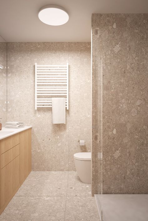 Brown Terrazzo Bathroom, Cream Terrazzo Bathroom, Beige Terrazzo Bathroom, Terazzo Floor Bathroom, Terazzo Bathroom Interior Design, Terrazo Tile Bathroom Ideas, Beige Marble Bathroom, Natural Stone Tile Bathroom, Greige Bathroom