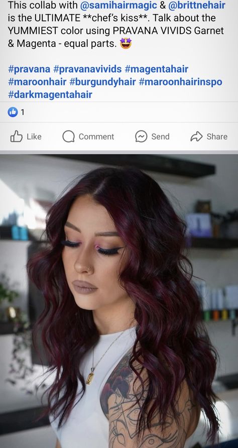 Burgundy Balayage With Money Piece, Plum Hair Formula, Magenta Hair Colors, Burgundy Balayage, Maroon Hair, Magenta Hair, Pravana Vivids, Plum Hair, Violet Hair