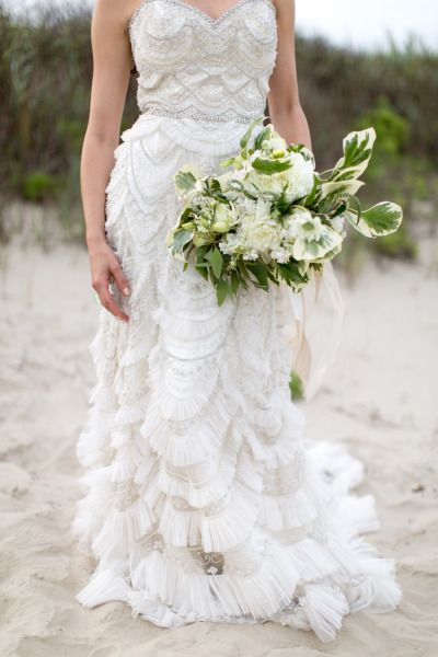 Bouquet | Shipwrecked Seaside Wedding Inspiration. Scalloped Wedding Dresses, Enaura Bridal, Sand Wedding, Mermaid Bride, Seashell Wedding, Beautiful Beach Wedding, Seaside Wedding, Wedding Dresses Beaded, Beaded Wedding