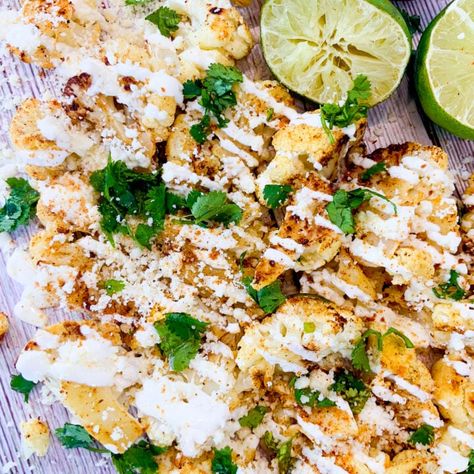 Grilled Mexican Street Cauliflower Bites - Grain Free Table Mexican Street Corn Style Cauliflower, Mexican Street Style Grilled Cauliflower, Multi Colored Cauliflower Recipes, Mexican Street Corn Cauliflower, Cauliflower Street Corn, Peruvian Cauliflower, Elote Cauliflower, Mexican Street Cauliflower, Street Cauliflower