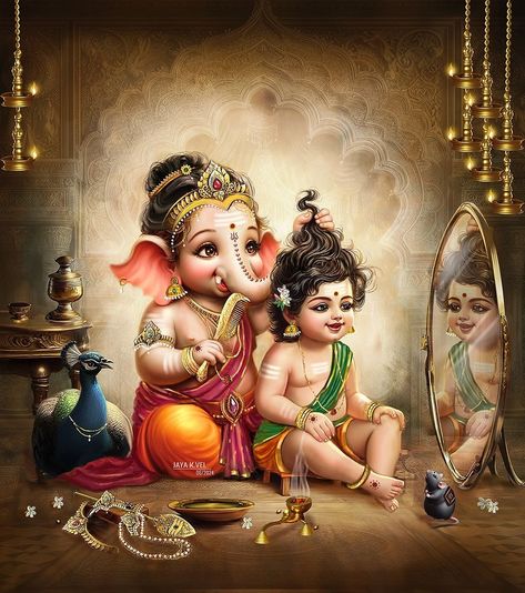 Ganesh Bappa, Cute Activities, Baby Murugan Paintings, Ganpati Bappa Wallpapers, Sibling Love, Shri Ganesh Images, Spiritual Paintings, Whole Universe, Lord Murugan Wallpapers