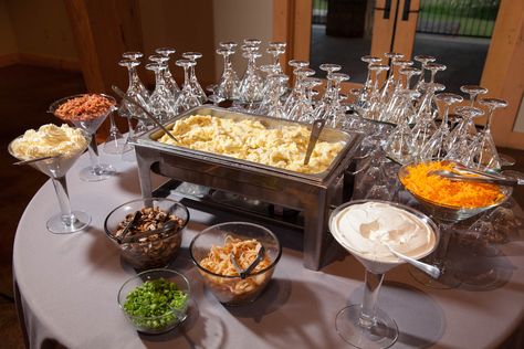 Baked Potato Bar Wedding, Potato Bar Wedding, Bar Wedding Ideas, Dinner Party Buffet, Mashed Potato Bar, Tulsa Wedding Venues, Heavy Appetizers, Amazing Wedding Venues, Bar Wedding Reception