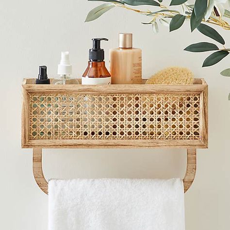 Rattan Shelf Bathroom, Peachy Bathroom, Japandi Bathrooms, Rattan Bathroom, Modern Towel Rack, Rail Shelf, Cane Shelf, Room Makeup, East Boston