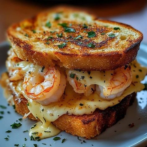 Paula deen lovers | Cheesy Garlic Bread Shrimp Grilled Cheese 🥪🧄🍤  | Facebook Crispy Garlic Bread, Shrimp Cheese, Shrimp Grilled, Crispy Garlic, Breaded Shrimp, Scary Dogs, Shrimp Recipes For Dinner, Cheesy Garlic Bread, Food Babe