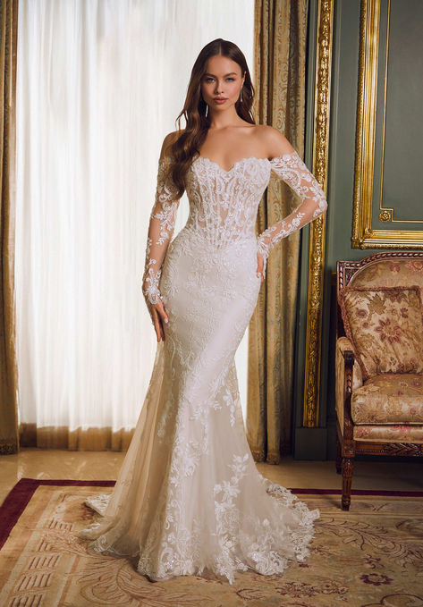 Morilee fit and flare medallion embroidered lace Wedding Dress With Sleeves Mermaid, Basque Waist Wedding Dress, Lace Wedding Dress Long Sleeve, Weddings Dresses, Basque Waist, Bridal Details, Pranali Rathod, Mother Wedding Dress, Summer Wedding Dress