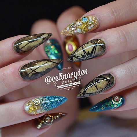 Stiletto Nails Inspired by Disney's "Pirates of The Caribbean" Pirates Of The Caribbean Nails, Pirate Nail Art, Caribbean Nails, Portugal Nails, Pirate Nails, Nails Disney, Useless Things, Disney Inspired Nails, Disney Bachelorette