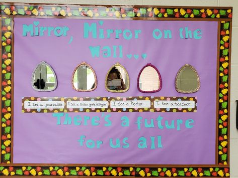 This is a bulletin board that helps to promote self-confidence. Working in special education many of our students think there is no chance of them having a future with a great job, which is totally not true. The idea is to have a student walk up to one of the mirrors, see themselves in it, and then read(or have read to them) the job they could potentially have when an adult....and yes I know my letters were horrible foe this board, I should of stuck to lettering I was good at lol. Cosmetology Bulletin Board Ideas, September Bulletin Boards, Middle School Bulletin Boards, Inspirational Bulletin Boards, Hallway Bulletin Boards, I Am Poem, Fairy Tales Preschool, Elementary Bulletin Boards, Classroom Meetings