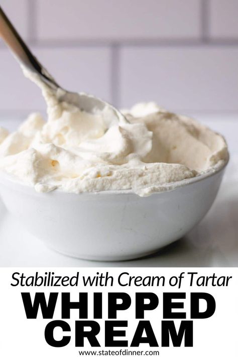 Learn how to stabilize whipped cream with cream of tartar! One simple ingredient transforms fluffy, delicious whipped cream into something that will last for days. How To Make Whipped Cream With Heavy, How To Thicken Whipped Cream, Stabilized Whipped Cream With Cream Of Tartar, Whipped Cream With Whole Milk, Stable Whipped Cream Recipe, Fluffy Whipped Cream, Stabilized Whipped Cream With Cornstarch, How To Stabilize Whipped Cream, Whipping Cream Desserts