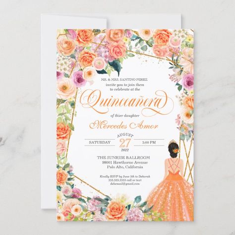 Orange Theme Quinceanera, Orange Quinceanera, Xv Ideas, 15th Birthday Party Ideas, Color Melon, Quince Invitations, Rosé Summer, Quinceanera Invitation, Rosa Coral