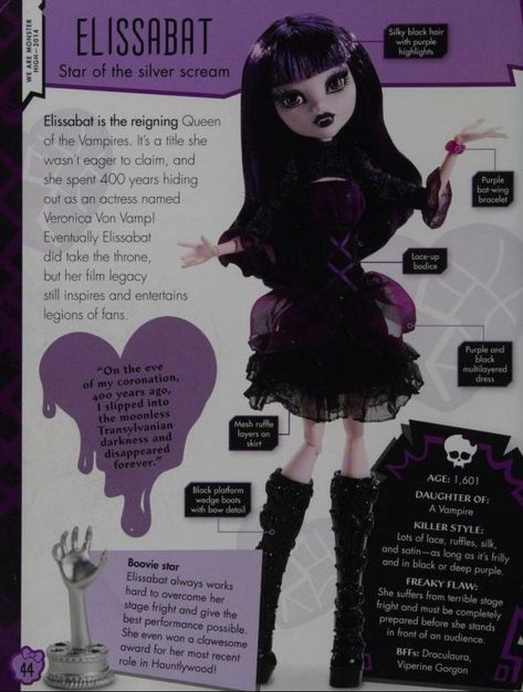 Monster High Skullita, Monster High Purple Hair, Elissa Bat Monster High, Ellisabat Monster High, Monster High Outfits Aesthetic, Goth Monster High, Kiyomi Monster High, Elissabat Aesthetic, Elissabat Monster High