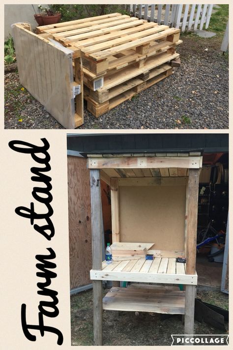 Pallet wood farm stand Farm Stand Made From Pallets, Farm Stand Signs Diy, Diy Roadside Egg Stand, Farm Stand From Pallets, Farm Stand With Cooler, Pallet Vegetable Stand, Diy Road Side Stand, Pay What You Can Farm Stand, Homemade Farm Stand