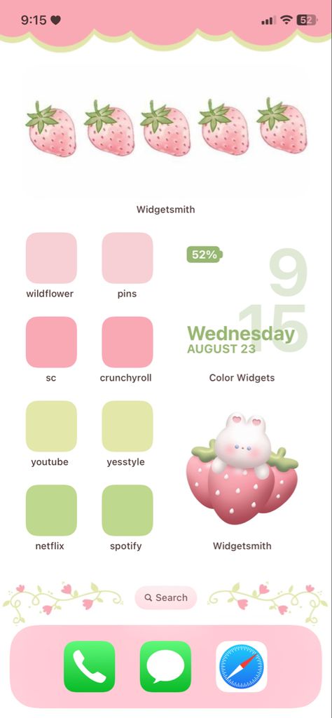 Strawberry Themed Homescreen, Strawberry Iphone Layout, Green And Pink Phone Layout, Strawberry Homescreen Layout, Strawberry Ios Theme, Strawberry Phone Layout, Strawberry Iphone Theme, Strawberry Home Screen, Pink Phone Theme Ideas