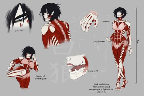 This is Christine's titan form. It has black hair and blue eyes. It's 15 meters, good with combat, regenerates quickly, she also knows how to harden the skin to protect herself. Aot Titan Shifter Oc, Aot Titans, Titan Shifter, Female Titan, New Titan, Oc Manga, Arte Indie, Anime Head, Titans Anime