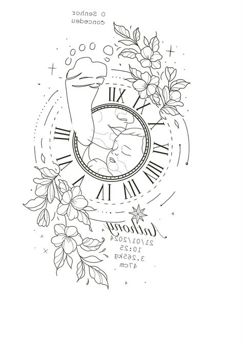 Birth Clock Tattoos For Women, Clock Tattoos For Women, Family Symbols, Clock Tattoos, Tattoo Design For Women, Family Symbol, Clock Tattoo Design, Hair Tattoo, Stencil Outline