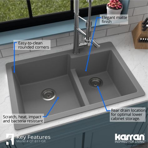 Grey Kitchen Sink, Sink With Accessories, Composite Kitchen Sinks, Quartz Sink, Top Mount Kitchen Sink, Drop In Kitchen Sink, Grey Quartz, Quartz Kitchen, Bowl Sink