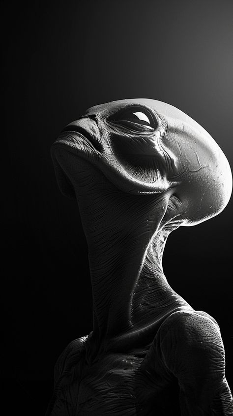 #GreyAlien #Realistic #BlackAndWhite #HighQuality #Reflection Grey Aliens, Black And White Color Scheme, Alien Proof, Alien Pictures, White Color Scheme, Ancient Egyptian Artifacts, Inspirational Digital Art, Alien Artwork, Alien Face