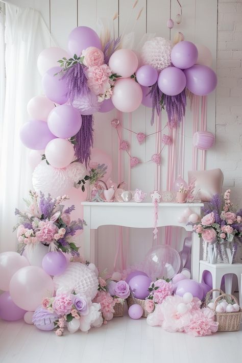 Lilac Baby Shower Ideas Decoration, Pink And Lavender Baby Shower Ideas, Balloons Without Helium, Balloon Baby Shower Decorations, Decorating With Balloons, Lilac Baby Shower, Lavender Birthday, Blush And Bashful, Balloon Decoration Ideas