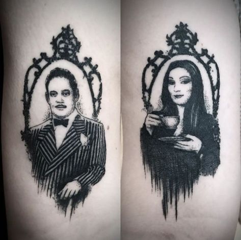 Small Wednesday Addams Tattoo, Morticia Addams Tattoo Design, Morticia And Gomez Tattoos, Addams Family Tattoo Ideas, Gomez Addams Tattoo, Tattoo Mort, Gomez And Morticia Tattoo, Morticia And Gomez Tattoo, Morticia And Gomez Addams Tattoo