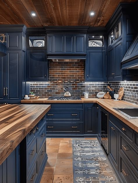 Dark Blue Wood Kitchen, Blue Kitchen Cabinets Color Schemes, Blue Kitchen Wood Countertop, Rustic Kitchen Blue Cabinets, Navy Cabinets Dark Countertops, Blue Island Brown Cabinets, Navy Rustic Kitchen, Blue Craftsman Kitchen, Navy Blue Cabinets With Butcher Block