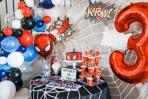 Spider- Man 3rd birthday party dessert table Spiderman Birthday Party Table Decor, Spiderman Birthday Table Decor, Spider Man Birthday Party Centerpieces, Spidey And His Amazing Friends Dessert Table, Marvel Dessert Table, Spider Man Table Decorations, Team Spidey Birthday, Spider Man Third Birthday, 3 Year Birthday Theme Boy Spiderman