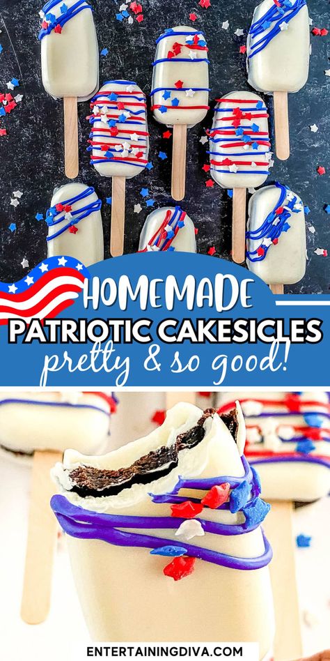 Homemade Patriotic 4th Of July Cakesicles | Summer Recipes 4th Of July Cake Pops, Fourth Of July Cakes, Icing Decorations, Blue Icing, Patriotic Food, 4th Of July Cake, Blue Desserts, Chocolate Candy Melts, Chocolate Shells