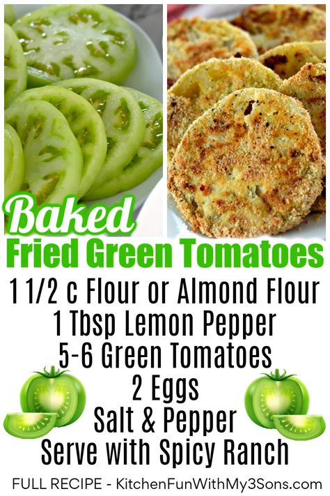 Baked Fried Green Tomatoes, Fried Green Tomatoes Recipe Easy, Baked Green Tomatoes, Fried Green Tomatoes Recipe, Spicy Ranch, Green Tomato Recipes, Fried Tomatoes, Oven Fried, Fried Green Tomatoes