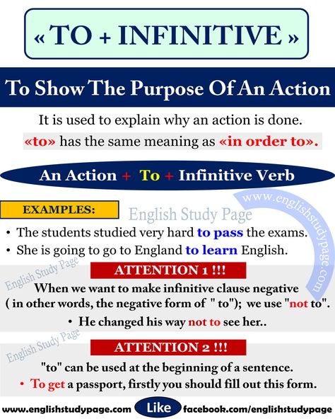 Using “to + infinitive” To Show The Purpose in English – English Study Page To Infinitive Grammar, Infinitive Of Purpose Worksheets, Infinitive Of Purpose, To Infinitive, Simple Future Tense, Gerund Phrases, Auxiliary Verbs, Verb Examples, Tenses English