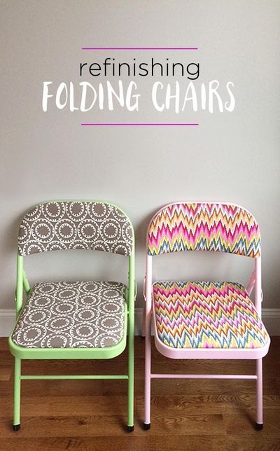 How to refinish metal folding chairs with fun fabric upholstery and colorful spray paint - DIY furniture makeover idea #furnituremakeover #homedecor #kenarry Diy Furniture Makeover Ideas, Diy Spray Paint, Fun Fabric, Paint Diy, Chair Makeover, Folding Chairs, Diy Chair, Diy Interior, Refurbished Furniture