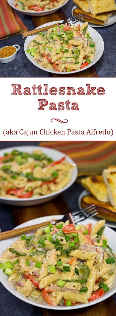 Rattlesnake Pasta | Creamy chicken pasta alfredo with Cajun seasonings Rattlesnack Pasta Recipe, Rattlesnake Pasta Recipe, Rattlesnake Pasta, Creamy Chicken Mushroom Pasta, Vegetarian One Pot Meals, Cajun Seasonings, Cold Pasta Dishes, Pasta Creamy, Homemade Chinese