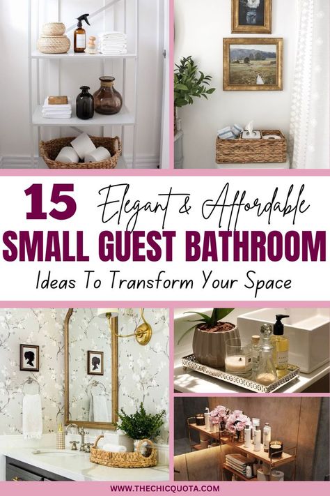 Blog post about 15 small guest bathroom ideas. Click to read more! Pretty Guest Bathrooms, Guest Bath Storage Ideas, Small Bathroom Set Up Ideas, Guest Bathroom Accessories Ideas, What To Have In A Guest Bathroom, How To Stock A Guest Bathroom, Spare Bathroom Ideas Guest Bath Decor, Guest Bathroom Counter Decor, Small Guest Bathroom Decor