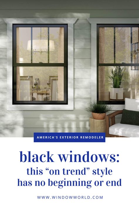 Black windows add distinctive style and definition to your home both inside and out. As you browse through photos of houses with these windows, you may be struck by the dramatic effect they create. ð¤ #WindowWorld Large Black Windows Exterior, Black Framed Windows Exterior, Window Grids Styles, Black Window Trim Exterior, Bronze Windows Exterior, Black Windows Exterior Color Schemes, Black Replacement Windows, Black Windows Interior, Black Exterior Windows