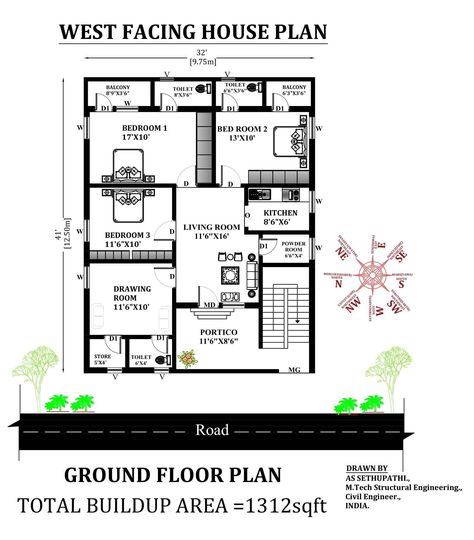 32'X41' West facing 3bhk house plan as per Vastu Shastra. The total Buildup area of this house drawing is 1312 sqft.Bedroom1 is in the northeast direction with the attached toilet and the balcony is in the east and bedroom 2 is in the southeast with the attached toilet and the balcony is in the east. Bedroom 3 is in the north. the kitchen is placed in the south. The powder room is in the south. The hall is available in the center of the house. The storeroom is in the northwest. The drawing room 3bhk House Plan, Drawing House Plans, West Facing House, Single Floor House Design, 3d House Plans, Simple House Plans, Vastu Shastra, House Map, Autocad Drawing