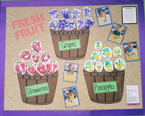 Fresh Fruit bulletin board.  Infant art projects.  Food and Flavors unit. Infant Activities Food Theme, Food And Flavor Activities For Infants, Food And Nutrition Crafts For Toddlers, Infant Vegetable Art, Preschool Nutrition Crafts, Food Theme Bulletin Board Ideas, Food And Flavors Infant Activities, Foods And Flavors Infant Theme, Foods And Flavors Toddler Activities