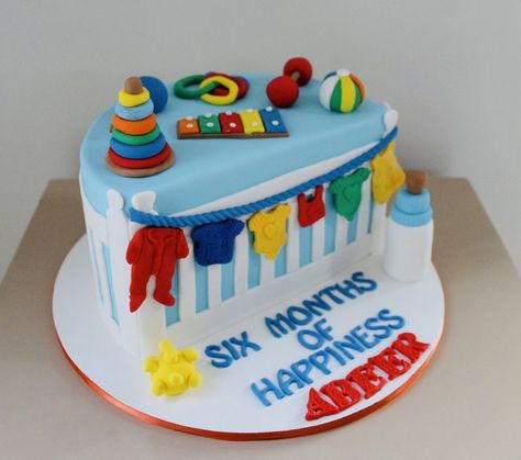 6month Bday Decoration, Annaprasana Cake Design, Annaprashan Cake Ideas, 6 Months Birthday Cake Boy, 6 Month Baby Cake Half Birthday Boy, 6 Month Birthday Cake Boy Baby, Half Way To One Cake Boy, Annaprasana Cake, Baby Boy Half Birthday Ideas