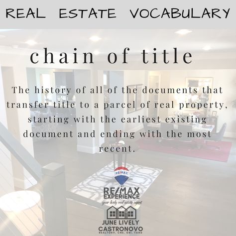 #chainoftitle; The history of all of the documents that transfer title to a parcel of real property, starting with the earliest existing document and ending with the most recent.   #realestate #dictionary #vocabulary #homebuyer #homeseller  #realestatevocabulary #realestatedictionary  #katytx #houstontx Real Estate Title Company, Title Company Marketing, Title Company Marketing Ideas, Real Estate Vocabulary, Realtor Quotes, Escrow Process, Real Estate Exam, Title Company, Transaction Coordinator