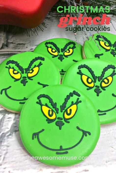 It doesn't really feel like Christmas until we watch How the Grinch Stole Christmas. And it's so much fun to do a Grinch themed Christmas party too! You can make all kinds of delicious treats like these cute Grinch Sugar Cookies. They are surprisingly easy to make using a simple sugar cookie. And there are step-by-step instructions for how to pipe his face in the icing too! #Christmas #Cookies Grinch Sugar Cookies, Christmas Cookies Grinch, O Grinch, Grinch Ideas, Christmas Sugar Cookies Decorated, Grinch Cookies, Grinch Christmas Party, Themed Food, Food Activities