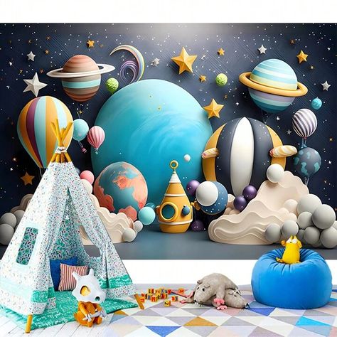 1pc Blue Outer Space Themed Birthday Party Backdrop Photography Background, Including Rocket, Planet And Balloon, Ideal For 1st Birthday Party Decoration | SHEIN USA Birthday Back Drop Diy, Balloon Birthday Themes, Red Carpet Backdrop, Diy Birthday Backdrop, Cake Smash Backdrop, 1st Birthday Party Decorations, Outer Space Birthday, Happy 21st Birthday, Diy Birthday Party