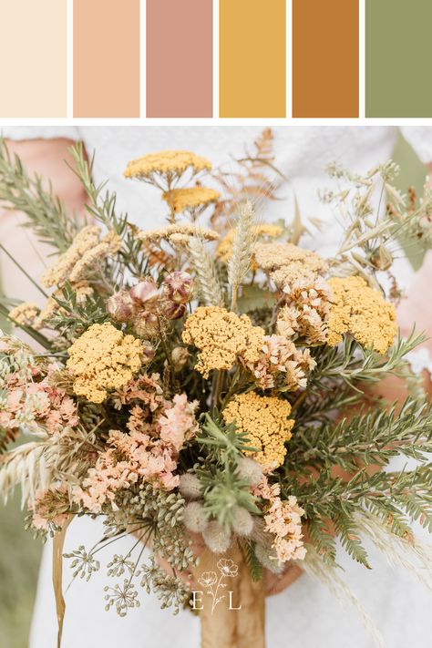 Muted tones for an Autumn Fall Wedding. Autumn Wedding flowers, Autumn wedding theme. Blush pink wedding palette Yellow wedding palette Green wedding palette Colour palette from bespoke wedding stationery designer Ellie and Liv. #weddingcolourpalette #colourpalette #Autumncolourpalette #Fallcolorpalette #Autumnwedding Muted Green Wedding Colour Palettes, Dark Green And Pale Yellow Wedding, Dusty Rose Yellow Wedding, Sage Pink Yellow Wedding, Pink And Yellow Fall Wedding, Yellow Wedding Ideas Color Schemes, Muted Tones Wedding, Mustard And Pink Wedding, Yellow Flower Color Palette