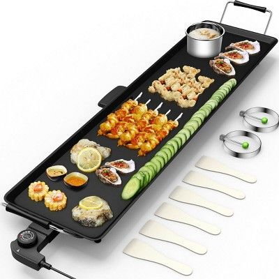 This griddle is suitable to have barbecues / cook breakfast / delicious nutritious meals with ease. Perfect for travelling as well, for example can be used when camping. It is ideal for both meats and vegetables as it browns food on the outside while keep it moist and cooked on the inside. It is Unbelievably easy to clean with quick wipe surface.  Features Incredibly versatile for meat, vegetables, fish and fried dishes  Non- Stick Coating, easy to clean  Cool touch handle  2000 watts - Adjustab Teppanyaki Table, Table Top Grill, Table Grill, Flat Top Grill, Electric Griddle, Gadgets Kitchen Cooking, Electric Grill, Cooked Breakfast, Family Cooking