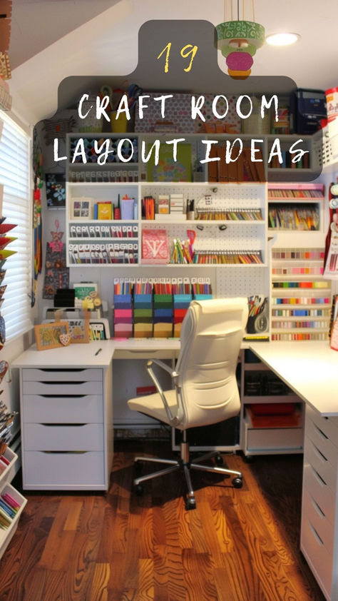 Dream big for your craft space! Click for inspirational craft room layouts that fuel your crafting dreams. 🎨🏡💭 #DreamCraftRoom #RoomInspiration #CreativeWorkspaces #HomeDesign #CraftIdeas Craft And Homework Room, Shelves For Sewing Room, Craft Room Corner Ideas, Craft Room Closet Storage Ideas, Small Room Craft Room, Narrow Craft Room Ideas, Functional Craft Room, Crafts Room For Adults, Craft Work Station Ideas Home