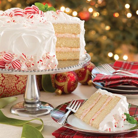 This Candy Cane Cake looks and tastes just like the holiday season. It's even has a sweet candy cane filling and fluffy peppermint frosting!      From 10th Anniversary Christmas with Paula Deen Candy Cane Cake Recipe, Candy Cane Cake, Peppermint Frosting, Peppermint Cake, Christmas Cheesecake, Christmas Food Treats, Cake Writing, Holiday Recipes Christmas, Christmas Food Desserts