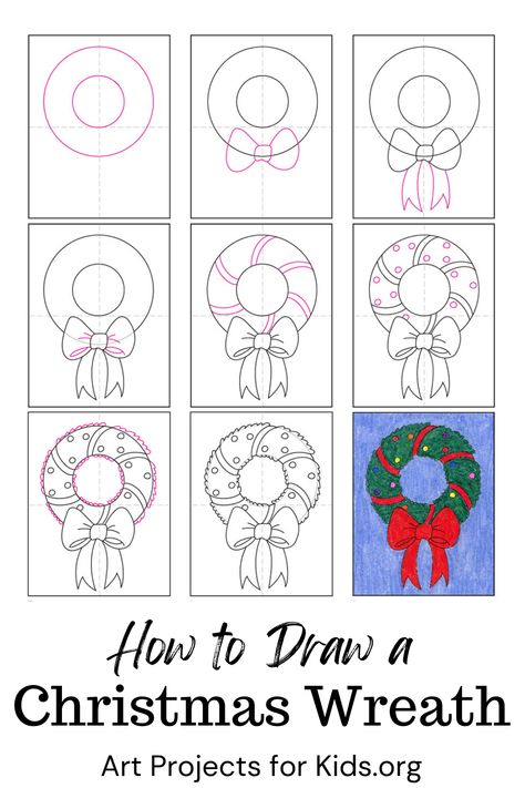 Directed Christmas Drawing For Kids, Step By Step Drawing Christmas, How To Draw A Wreath, Draw Christmas Wreath, How To Draw Christmas, How To Draw Christmas Stuff, Draw Christmas, Easy Christmas Drawings, Elf Drawings