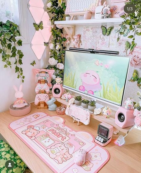 aesthetic pink pc setup pink cute gaming setup kawaii pink and white pc setup girlie gaming setup aesthetic pc gaming setup cute nintendo switch modded nintendo switch nano leaf kirby kawaii plants earthy pc setup animal crossing kidcore theme - not my photo! im cred to original owner Kawaii Room Ideas, Setup Gamer, Kawaii Bedroom, Pink Games, Otaku Room, Gamer Room Decor, Video Game Room Design, Gaming Setups, Gaming Room Setup