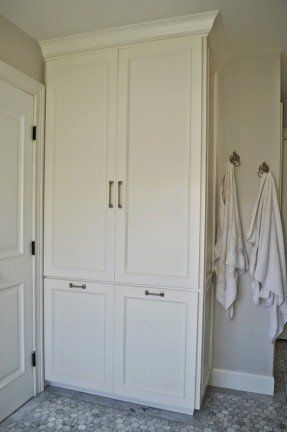 Tall Linen Cabinets For Bathroom - Ideas on Foter Vintage Built In Linen Closet, Storage Cabinets In Bathroom, Master Bath Storage Ideas Built Ins, Narrow Bathroom Built In Cabinet, Linen Storage Cabinet Bathroom, Bathroom Storage Cabinet Built In, Built In Linen Closet Bathroom, Linen Closet Organization Small, Built In Bathroom Storage