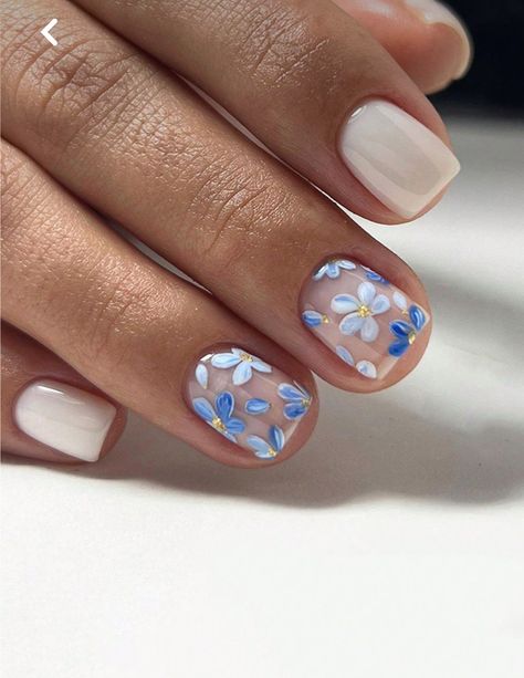 Baby Blue Floral Nails, Blue Hydrangea Nails, Forget Me Not Nail Art, Ukrainian Nail Designs, Light Blue Floral Nails, White And Baby Blue Nails, Nails For Baby Shower Boy, Pale Blue Nails With Design, Lavender Wedding Nails