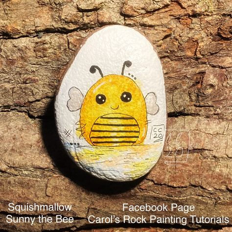 Squishmallow Sunny the Bee - A Quick and Easy Watercolour Pencil Tutorial on my FB Page - Have Fun!! You’ll find this and all my other tutorials in the photo albums:- https://www.facebook.com/CarolsRocks/ Bumble Bee Painted Rocks Ideas, Painted Rocks Bees, Painted Rocks Bumble Bee, Rock Painting Ducks Stones, Bee Happy Rock Painting, Bee Rocks, Mask Painting, Rock Painting Tutorial, Easter Egg Painting