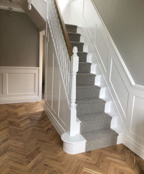 White Herringbone Floor, Hall Ways Ideas, Stairs And Hallway Ideas, Stair Paneling, Direct Wood Flooring, Herringbone Flooring, White Staircase, Staircase Runner, 1930s House