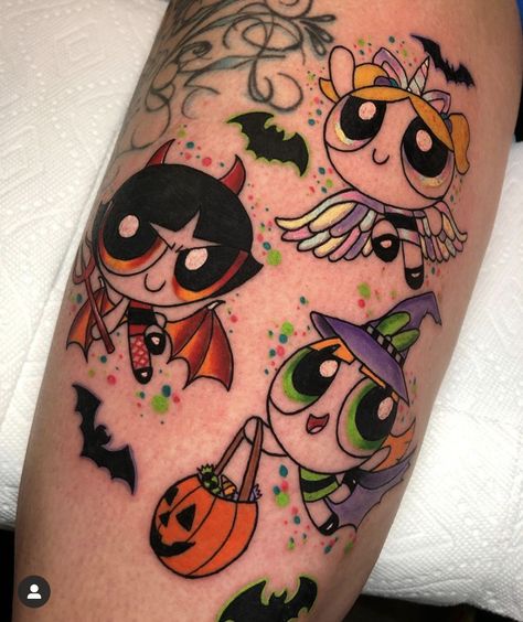 Sister Spooky Tattoo, Cartoon Halloween Tattoos, Cute Scary Tattoos, Girly Horror Tattoo, Halloween Patchwork Tattoo, Cartoon Tattoos Women, Best Friend Halloween Tattoos, Matching Traditional Tattoos, Halloween Matching Tattoos