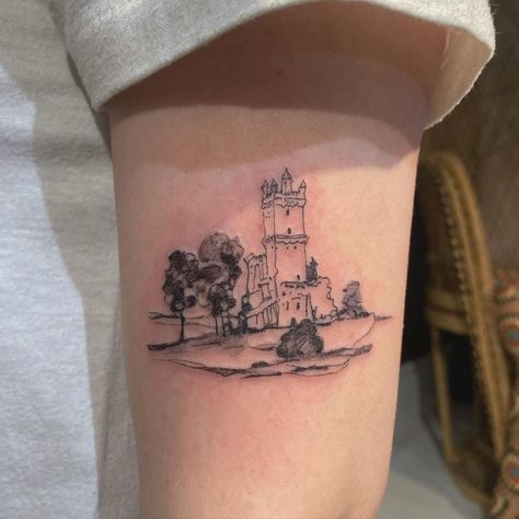 Castle 🏰 thank you so much!!! . . #tinytattoo #pdxtattoo #portlandtattooartist #castletattoo | Instagram Irish Castle Tattoo, Castle Tattoo Design, Cathedral Tattoo, Church Tattoo, Wrap Around Tattoo, Italian Castle, Castle Tattoo, Castle On The Hill, Hearst Castle